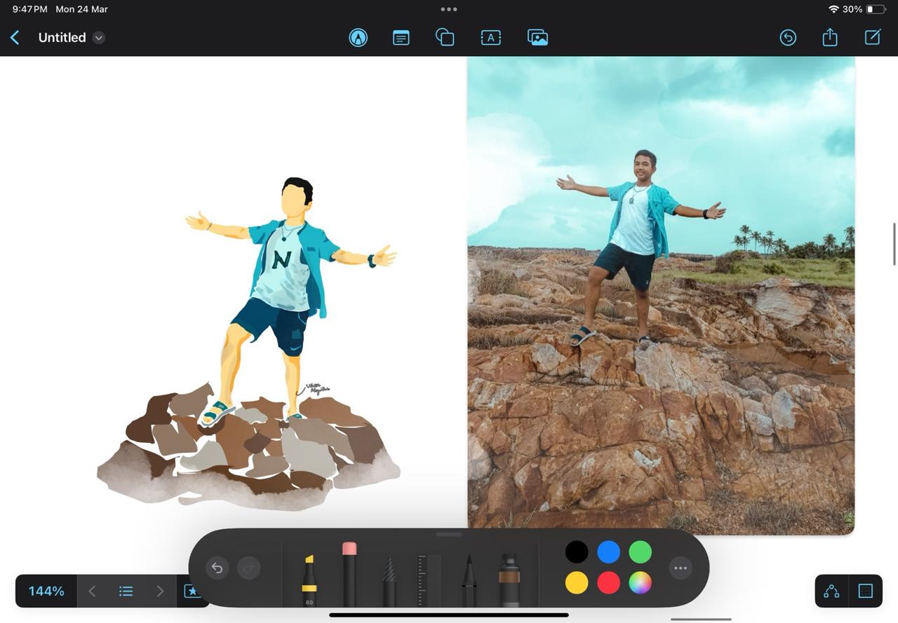 Illustrated portrait over a landscape
