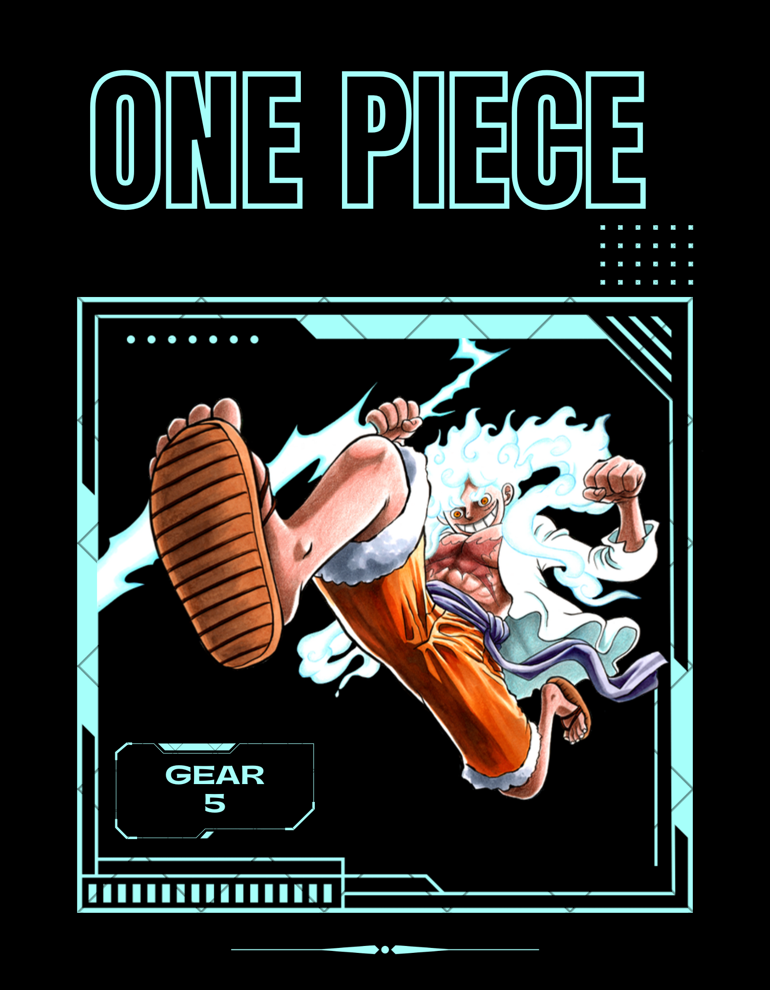 One Piece illustrated poster with cyan framing